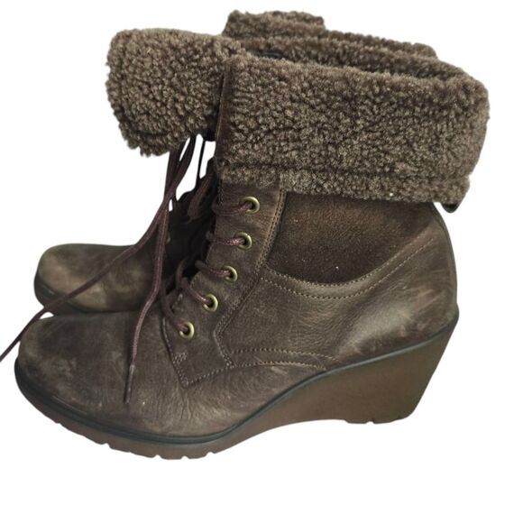 Ecco Brown Distressed Leather Shearling Lace Up Wedge Ankle Boots 36EU / US 5.5 - Picture 9 of 11
